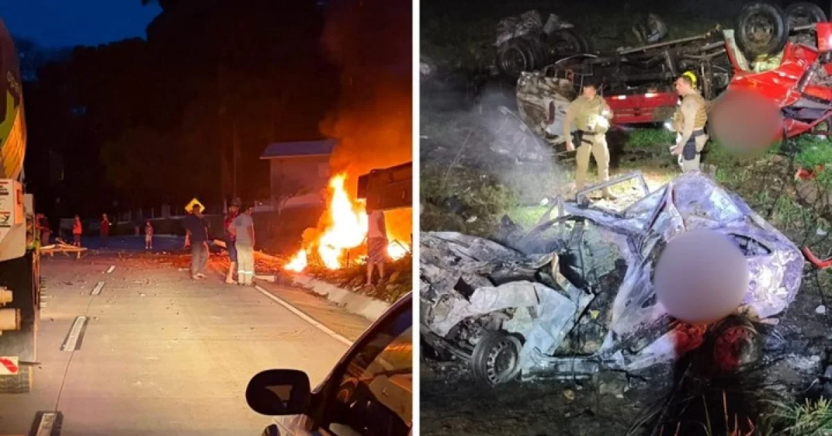 Tragédia na SC-305: pai e filhos morrem carbonizados após colisão derrubar poste de alta tensão sobre carro