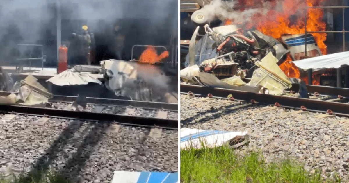 Avião cai e pega fogo sobre os trilhos de estação de trem em BH; piloto morreu