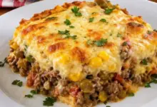 Escondidinho de carne moída cremoso, bem temperado e com queijo gratinado