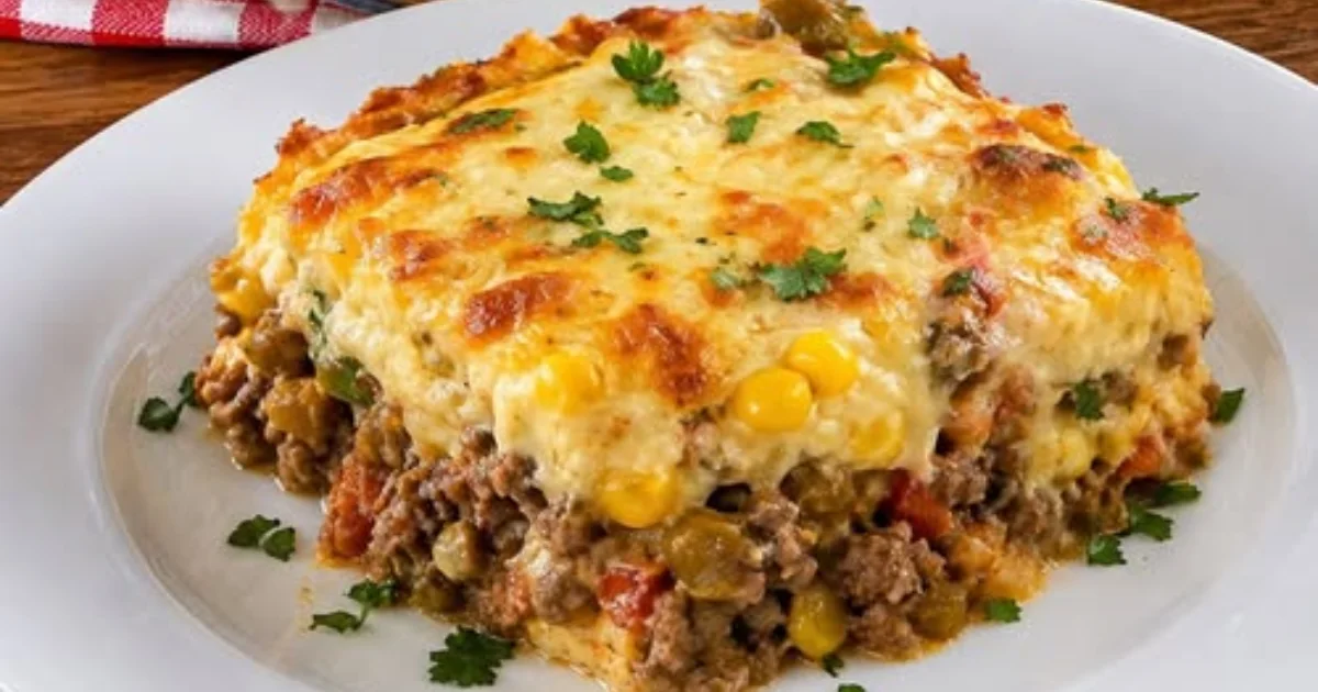 Escondidinho de carne moída cremoso, bem temperado e com queijo gratinado